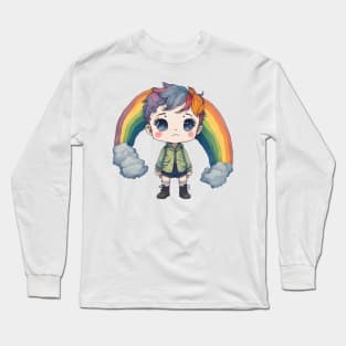 watercolor sad rainbow boy illustration sticker Long Sleeve T-Shirt